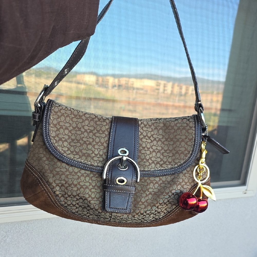 Coach Brown Signature Canvas Shoulder Bag with Cherry Charm